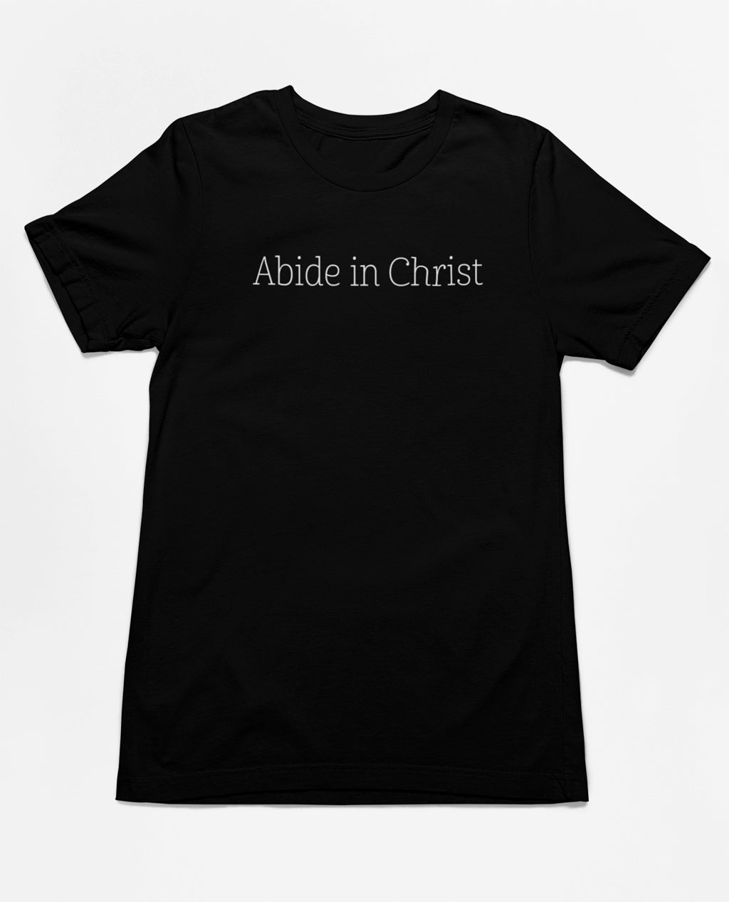 Black christian tee with Abide in Christ serif text
Flat lay of faith inspired Abide in Christ shirt on clean background
Minimal scripture shirt referencing John 15 teaching
