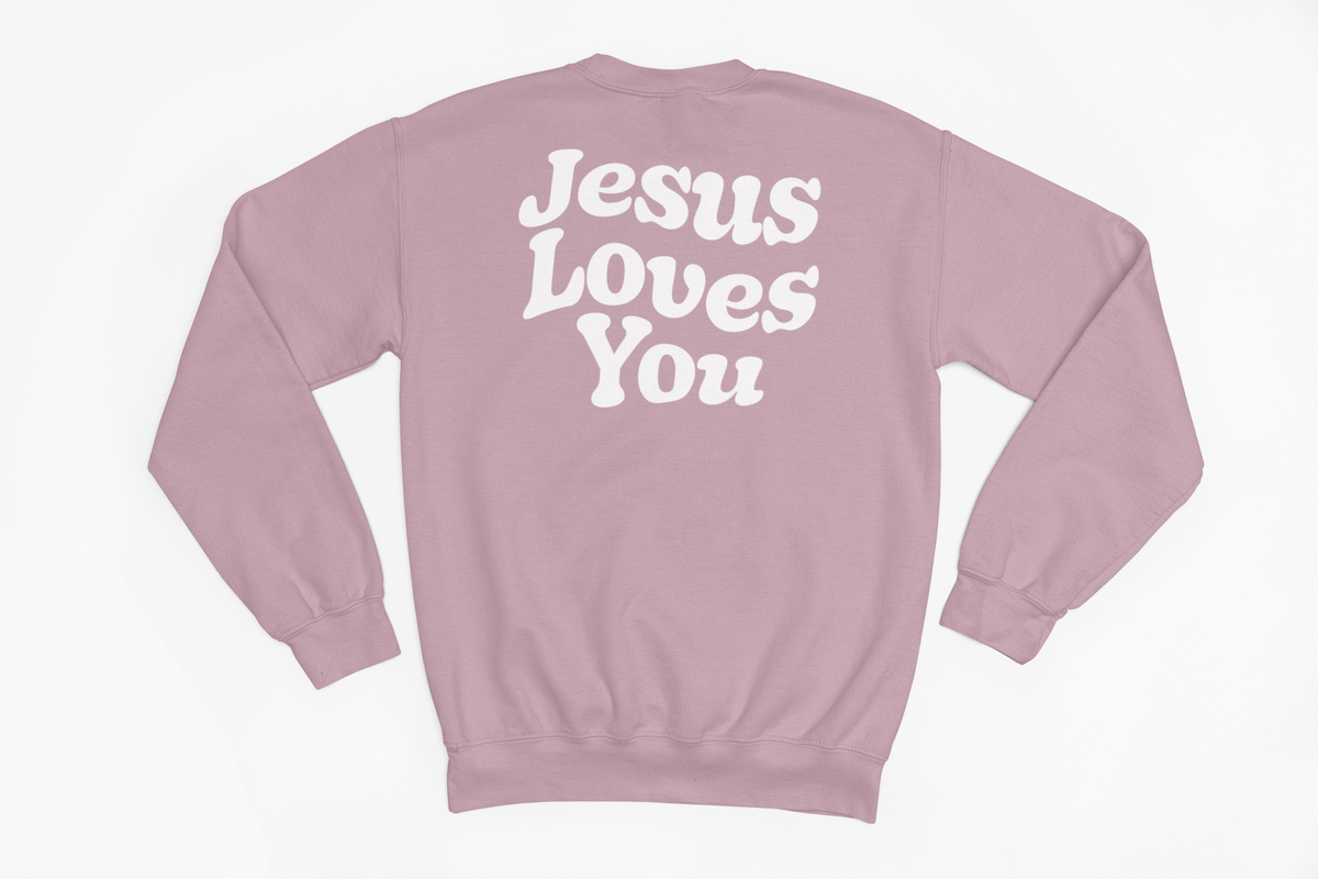 Bubble Letter Jesus Loves You crewneck sweatshirt in soft pastel tone