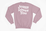 Bubble Letter Jesus Loves You crewneck sweatshirt in soft pastel tone