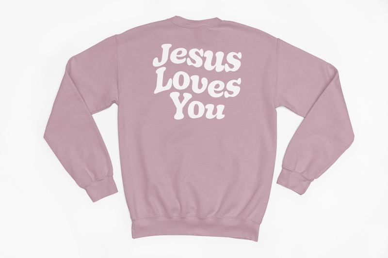 Bubble Letter Jesus Loves You crewneck sweatshirt in soft pastel tone