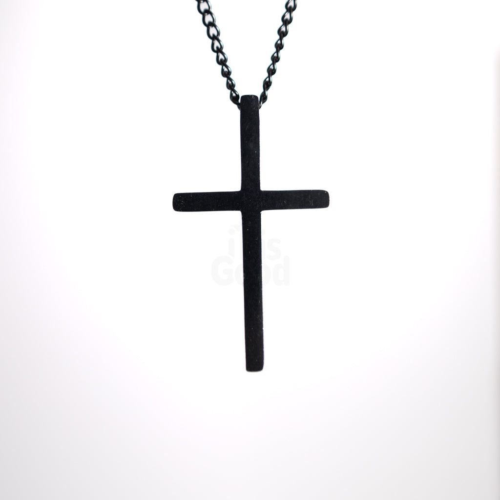 Black Minimal stainless steel cross necklace designed for everyday wear. Clean Christian jewelry with a timeless silhouette and durable finish.