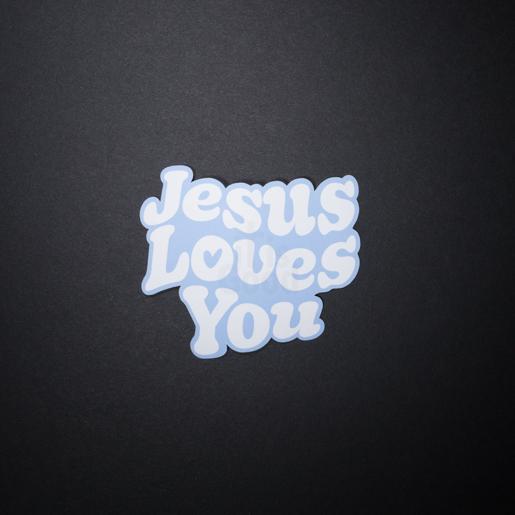Blue Jesus Loves You Christian sticker with bubble letters on dark background