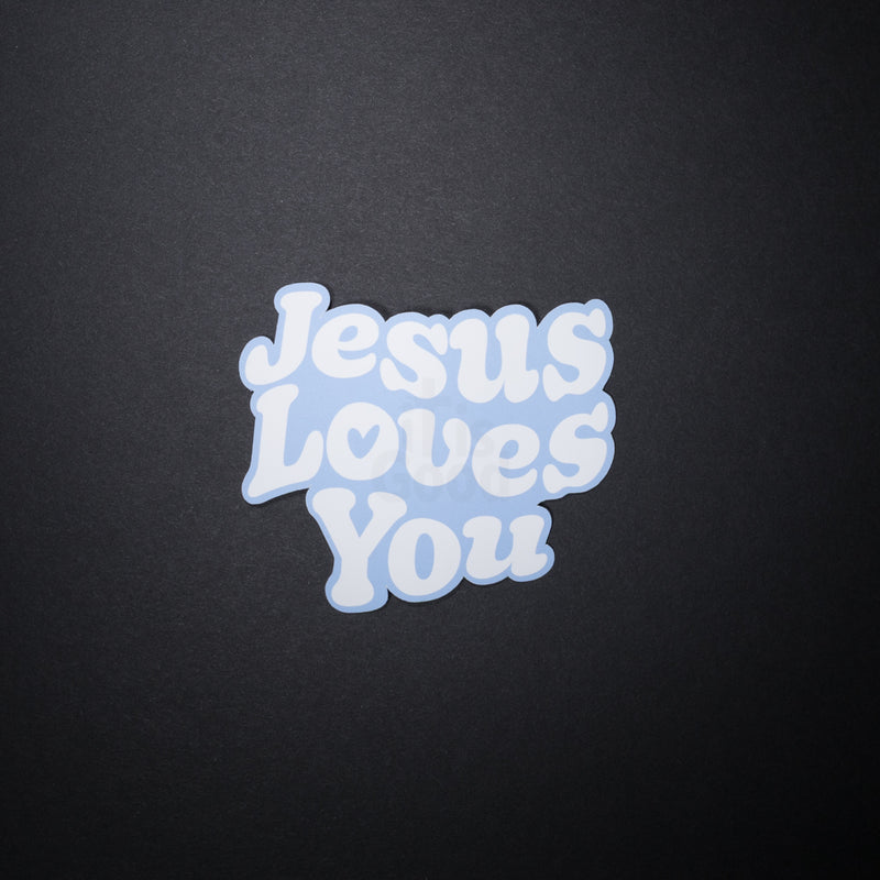 Blue Jesus Loves You Christian sticker with bubble letters on dark background