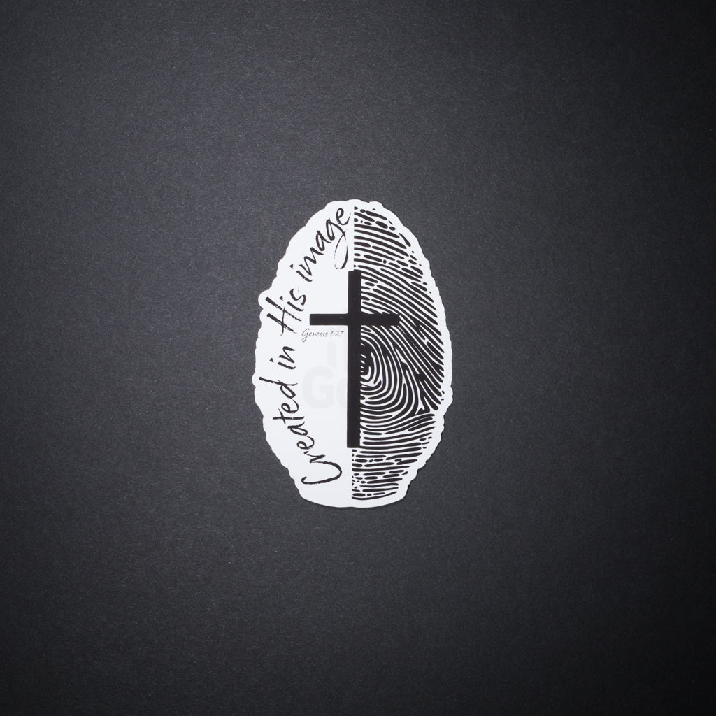 Black and white Created in His image fingerprint cross Christian sticker on dark background