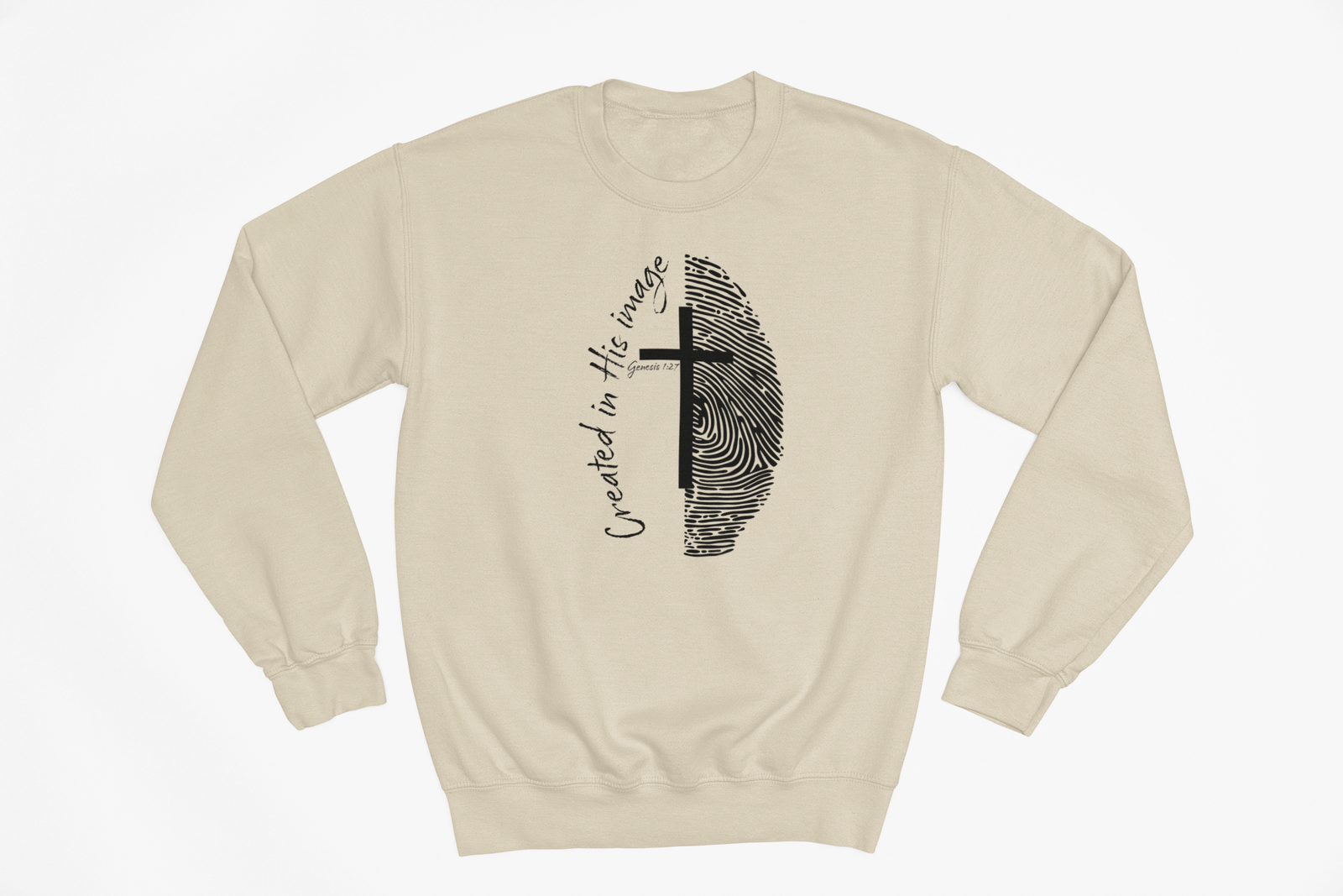 “Tan Christian crewneck with Created in His Image cross and fingerprint design”
“Genesis 127 Christian sweatshirt with fingerprint artwork”
“Minimal faith based crewneck with cross and fingerprint graphic”