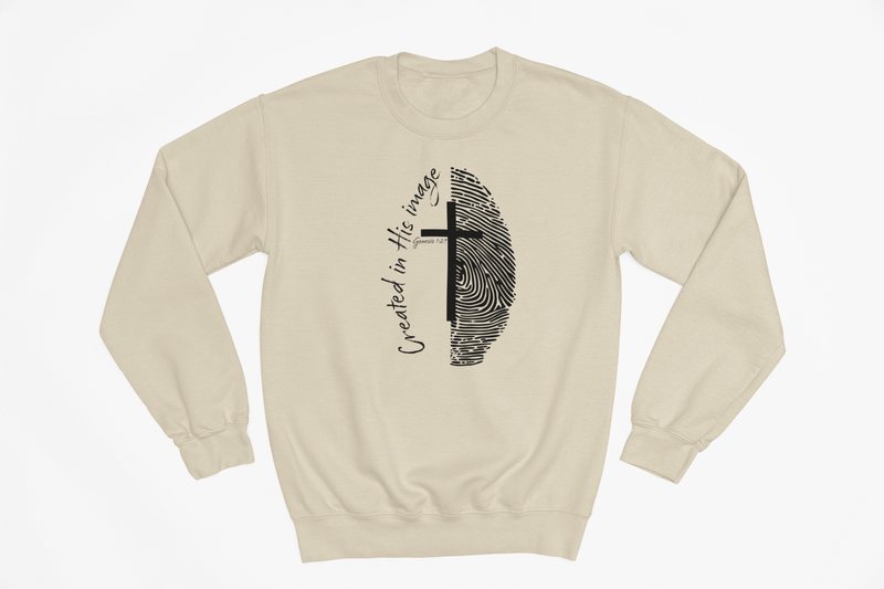 “Tan Christian crewneck with Created in His Image cross and fingerprint design”
“Genesis 127 Christian sweatshirt with fingerprint artwork”
“Minimal faith based crewneck with cross and fingerprint graphic”