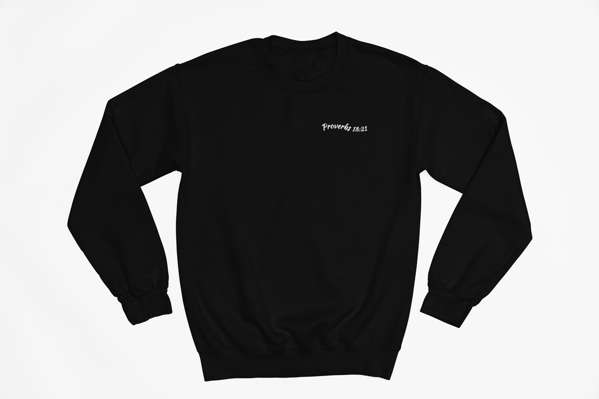 Black sweatshirt with white text on a light gray background