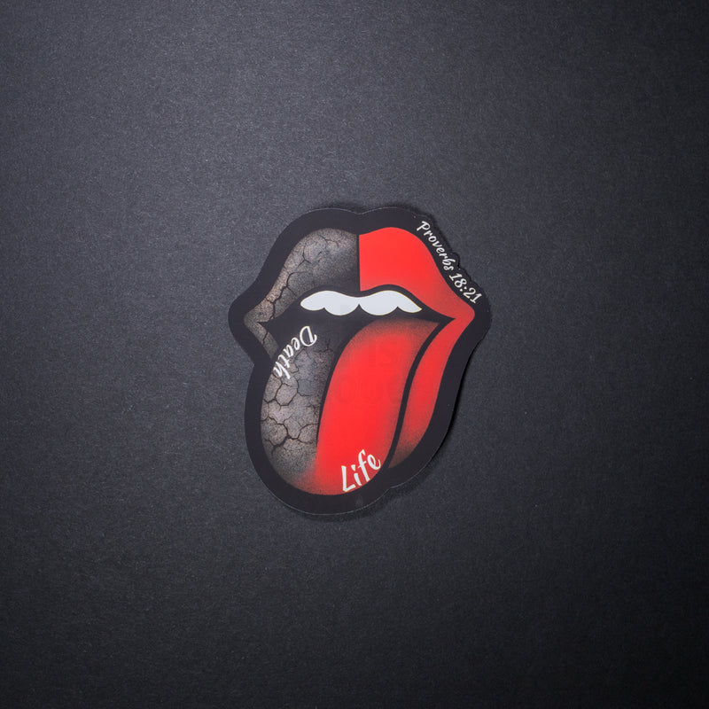 Death and Life Proverbs 18:21 Christian sticker with red mouth and tongue showing death and life on a dark background