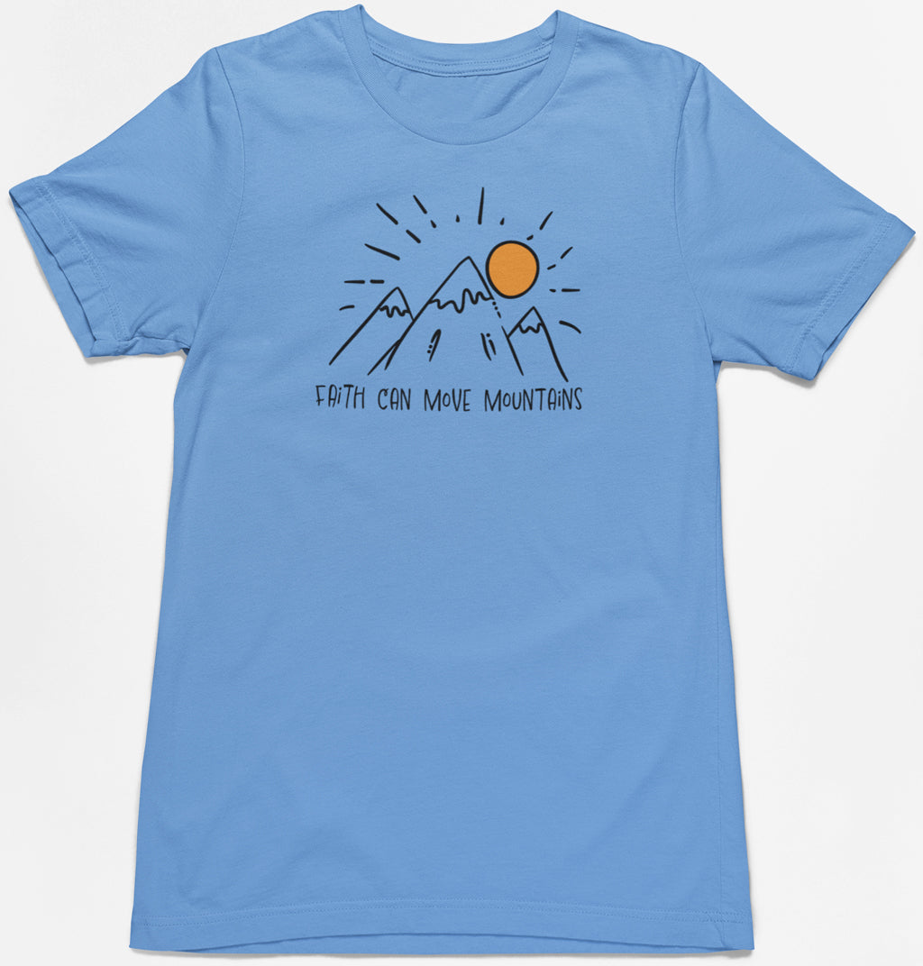Light blue christian tee with mountain line art and Faith Can Move Mountains text
Christian mountain shirt inspired by Matthew 17:20
Faith themed tshirt with simple rising sun illustration