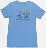 Light blue christian tee with mountain line art and Faith Can Move Mountains text
Christian mountain shirt inspired by Matthew 17:20
Faith themed tshirt with simple rising sun illustration