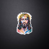 Colorful geometric Jesus Christian sticker with crown of thorns on dark background