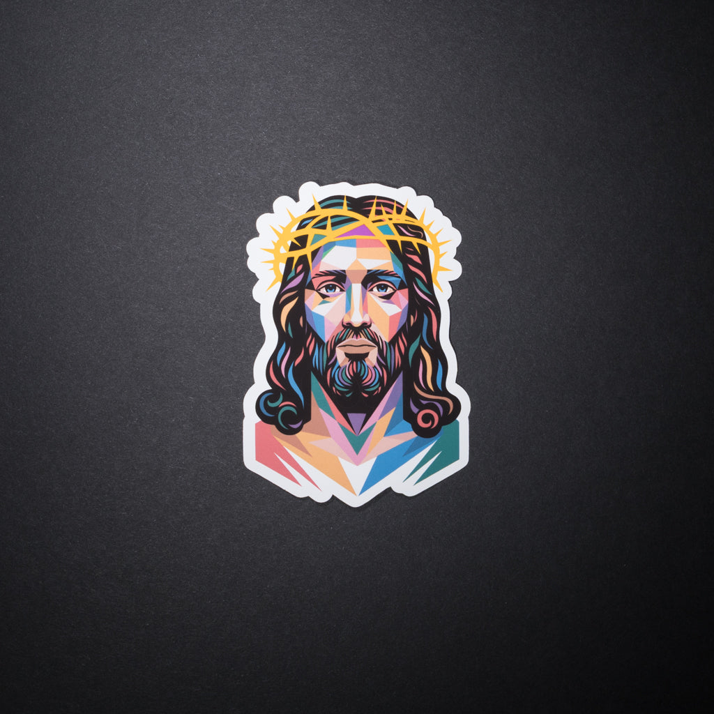Colorful geometric Jesus Christian sticker with crown of thorns on dark background