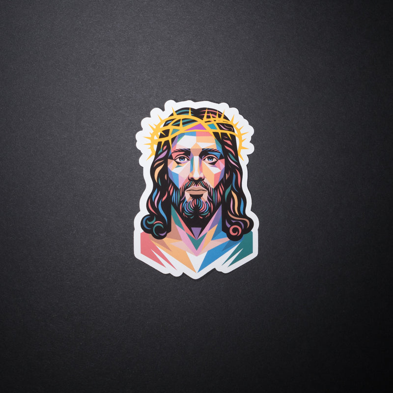 Colorful geometric Jesus Christian sticker with crown of thorns on dark background