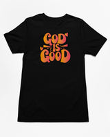 Black christian tee with vibrant God Is Good gradient lettering
Faith themed tshirt with bold God Is Good message
Christian encouragement shirt with warm gradient text design