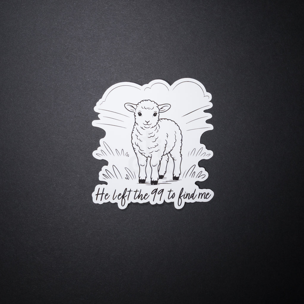 Christian sticker with hand drawn lamb and He left the 99 to find me message, perfect for laptops, tablets, notebooks, and other indoor surfaces.