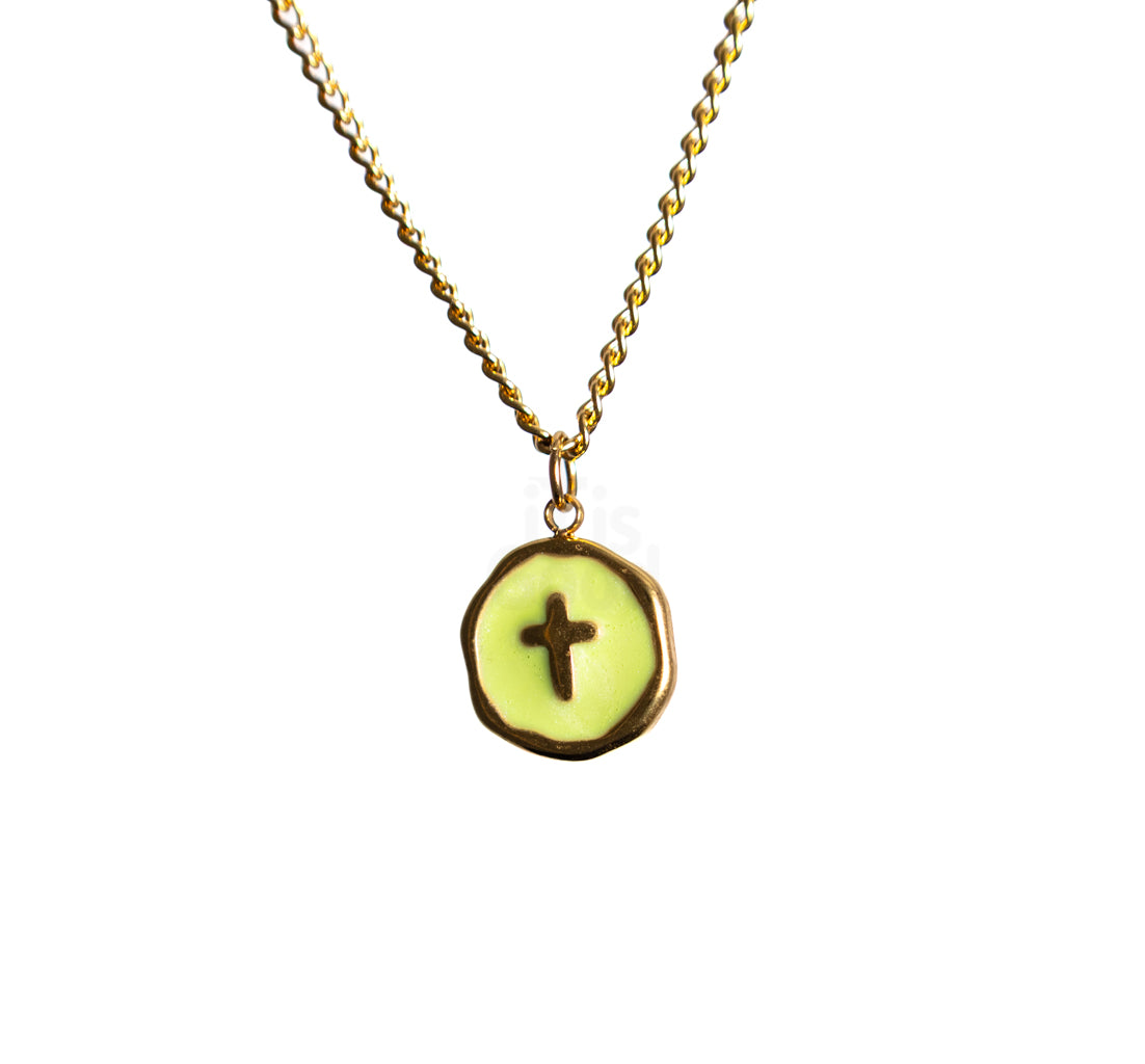 Gold chain necklace with round Lime Green pendant featuring a small cross at the center on a white background