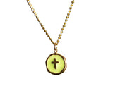 Gold chain necklace with round Lime Green pendant featuring a small cross at the center on a white background
