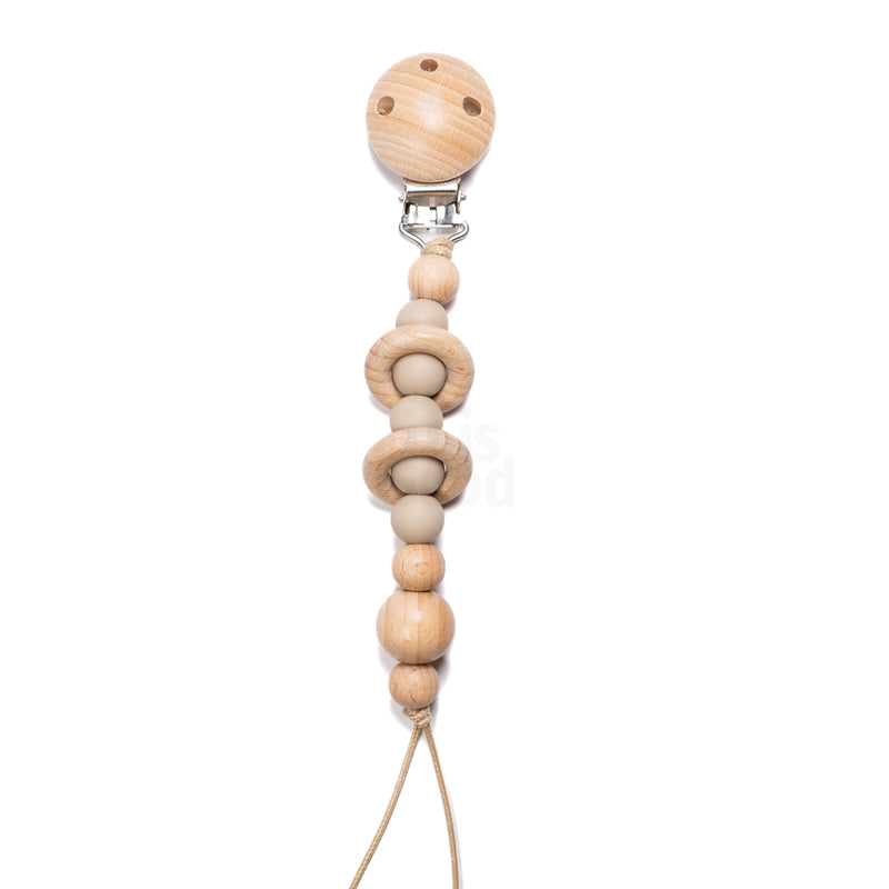 Neutral wooden Silicone bead baby pacifier clip with smooth natural wood and beige silicone beads, featuring a wooden clasp and braided cord loop on a white background, designed for babies and toddlers