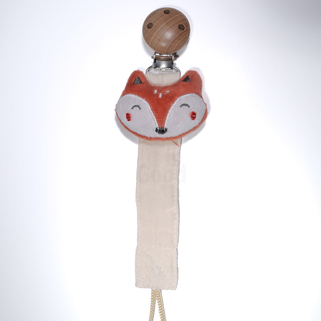 Baby pacifier clip featuring a soft plush fox with a fabric strap and wooden clip on a white background, designed for babies and toddlers