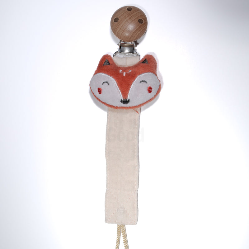 Baby pacifier clip featuring a soft plush fox with a fabric strap and wooden clip on a white background, designed for babies and toddlers