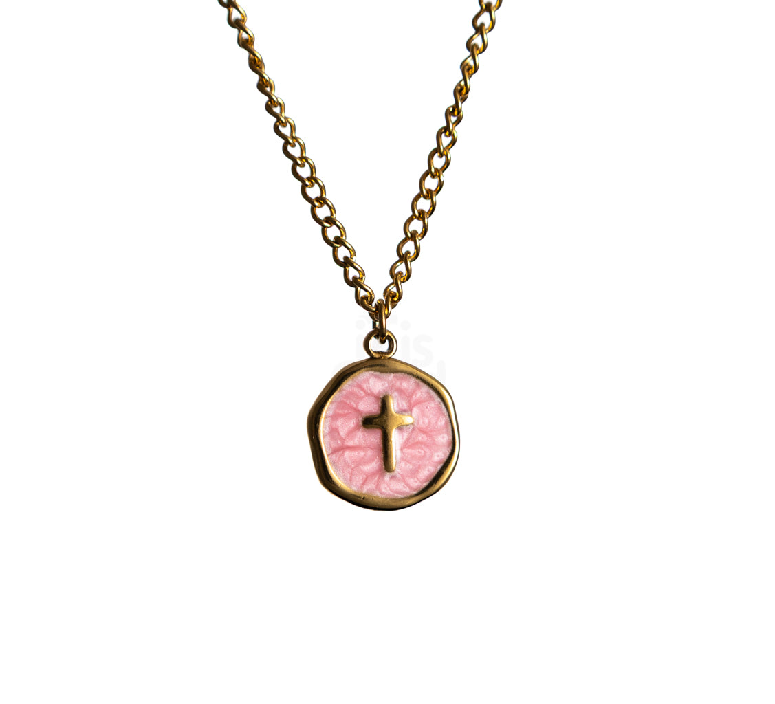 Gold chain necklace with round Pink pendant featuring a small cross at the center on a white background