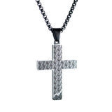 Rubric Cross Necklace with geometric cutout pattern on stainless steel cross pendant, black chain, front view on white background.