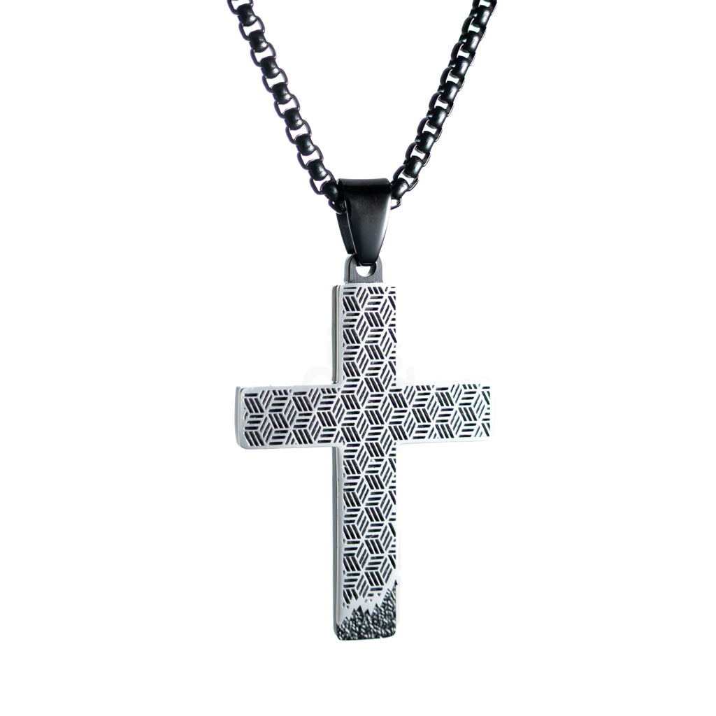 Rubric Cross Necklace with geometric cutout pattern on stainless steel cross pendant, black chain, front view on white background.