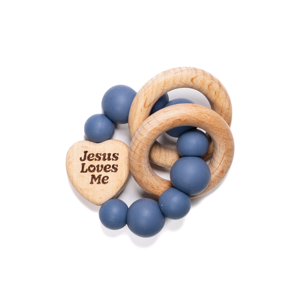Blue Jesus Loves Me Wooden & Silicone Baby Teething Ring