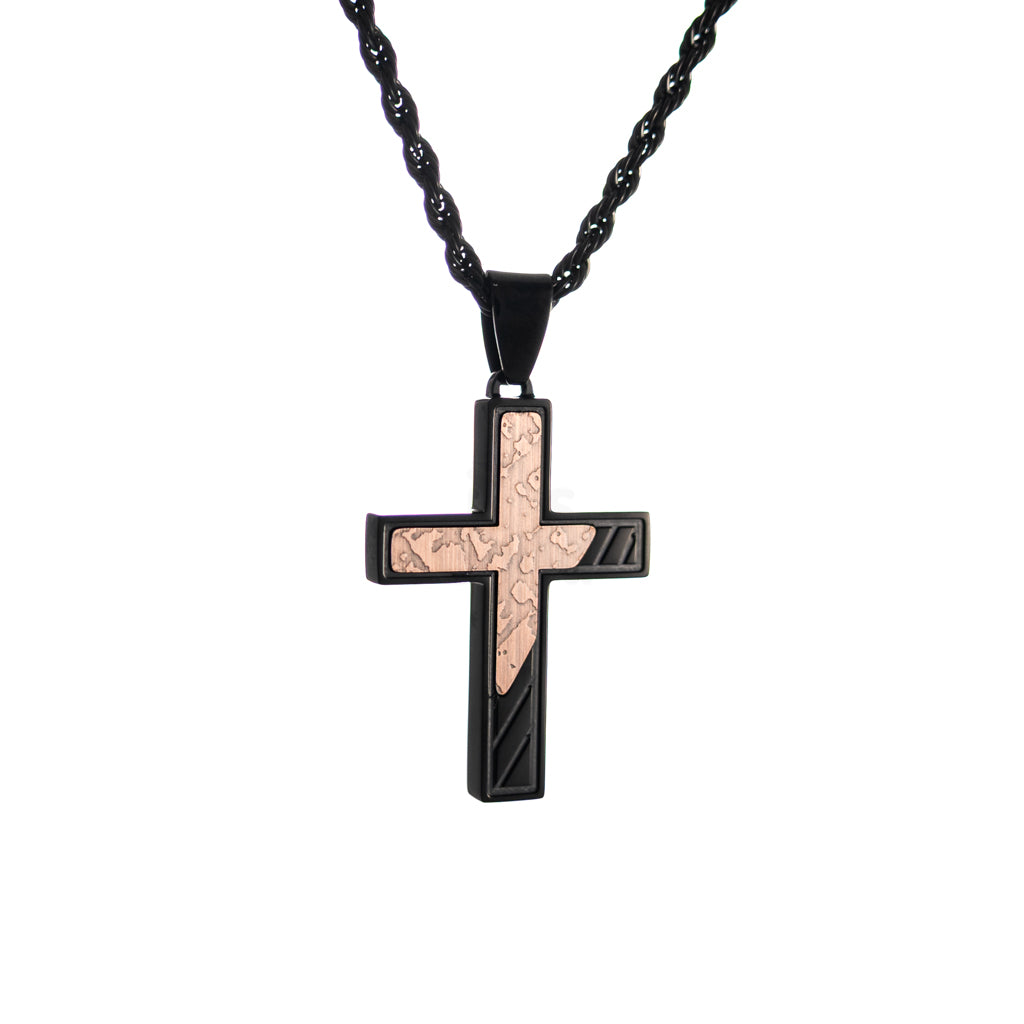 black cross necklace with Philippians 4:13 engraving and rope style black chain on white background.