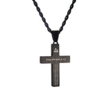 Black cross pendant necklace with textured two tone inlay detail and black rope chain, centered on white background. with engraving of Philippians 4:13