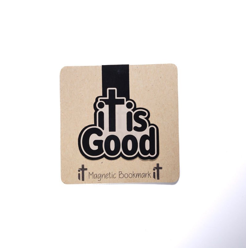 Double sided magnetic bookmark featuring a bold black cross and the words It Is Good on a kraft style background, designed for Christian reading and Bible study