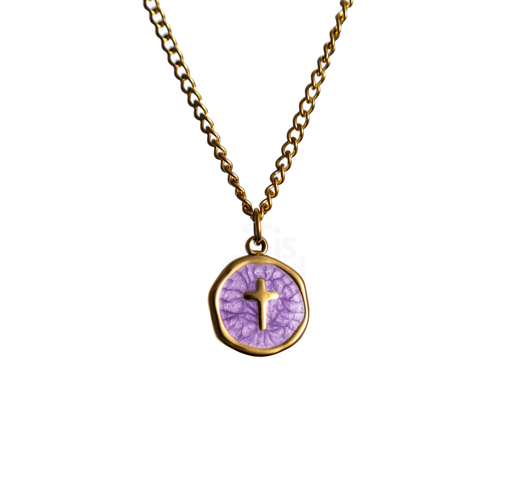 Gold chain necklace with round Purple
 pendant featuring a small cross at the center on a white background