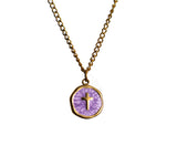 Gold chain necklace with round Purple
 pendant featuring a small cross at the center on a white background