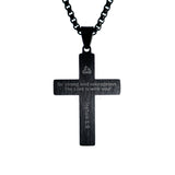 Necklace back engraving reads Be strong and courageous The Lord is with you, Scripture reference engraved, black chain on white background.