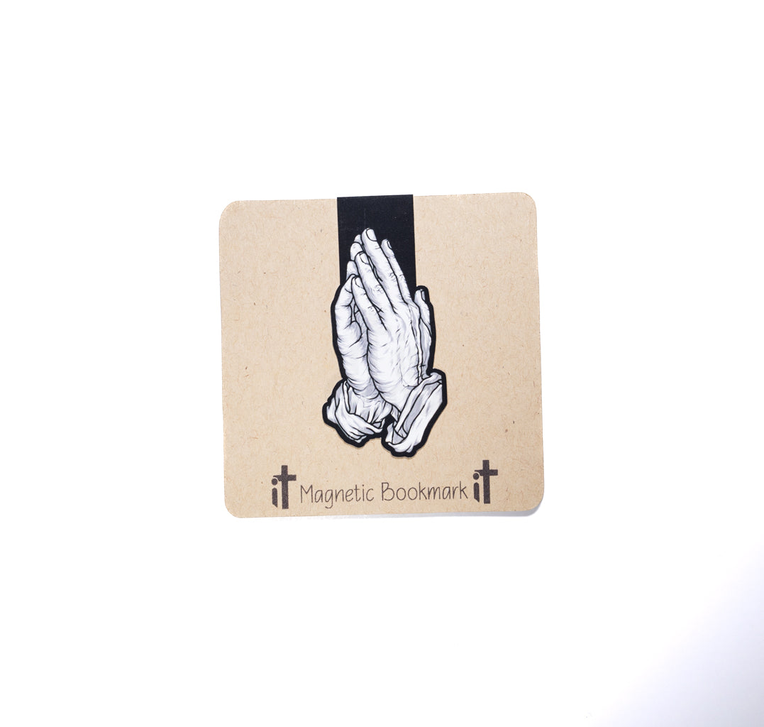 Double sided magnetic bookmark featuring illustrated praying hands on a kraft style background, designed for Christian reading, prayer time, and Bible study