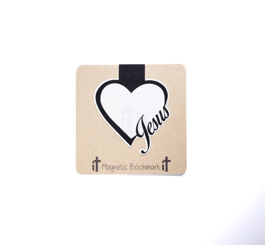 Double sided magnetic bookmark featuring a white heart with the word Jesus in script lettering on a kraft style background, designed for Christian reading and Bible study