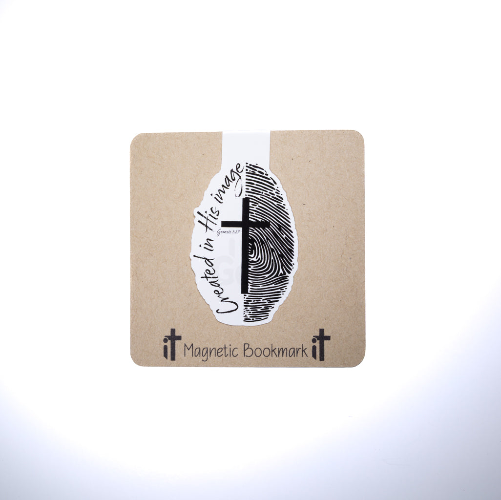 Double sided magnetic bookmark featuring fingerprint artwork with a cross and the words Created in His image on a kraft style background, designed for Christian reading and Bible study