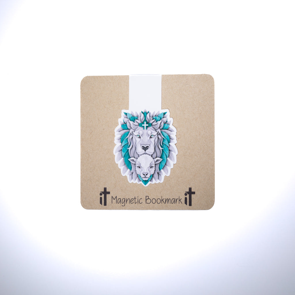 Double sided magnetic bookmark featuring a lion and lamb illustration with a small cross above them on a kraft style background, designed for Christian reading and Bible study