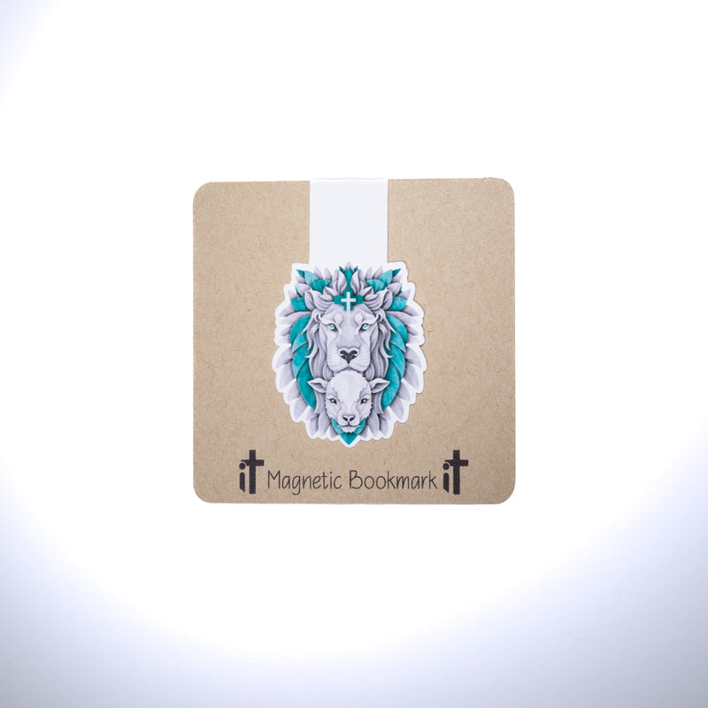 Double sided magnetic bookmark featuring a lion and lamb illustration with a small cross above them on a kraft style background, designed for Christian reading and Bible study