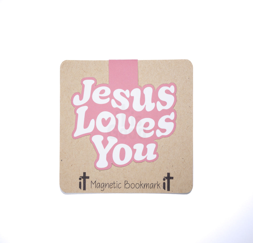 Double sided magnetic bookmark featuring the phrase Jesus Loves You in pink lettering on a kraft style background, designed for Christian reading and Bible study