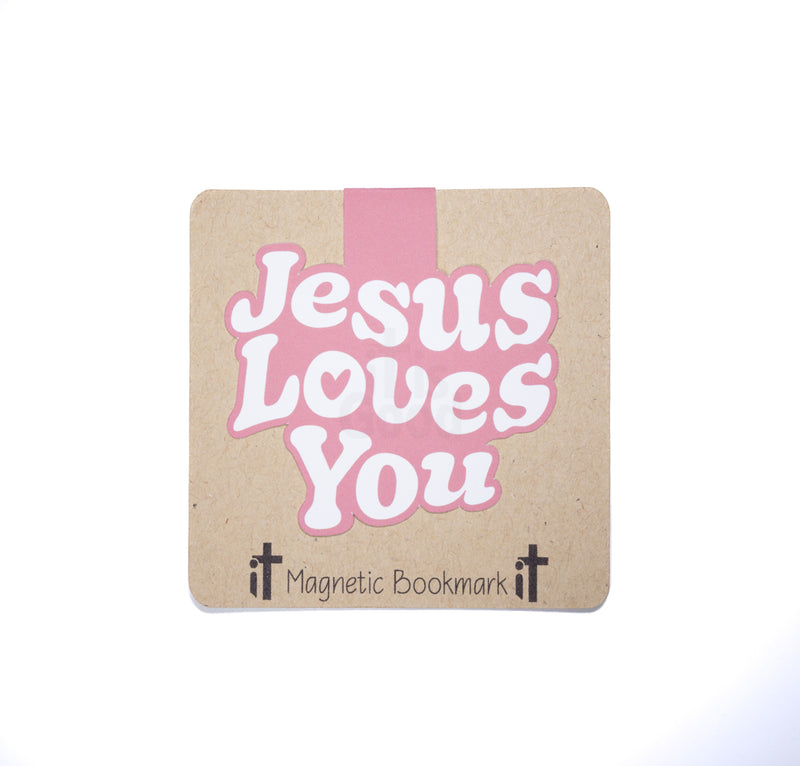 Double sided magnetic bookmark featuring the phrase Jesus Loves You in pink lettering on a kraft style background, designed for Christian reading and Bible study