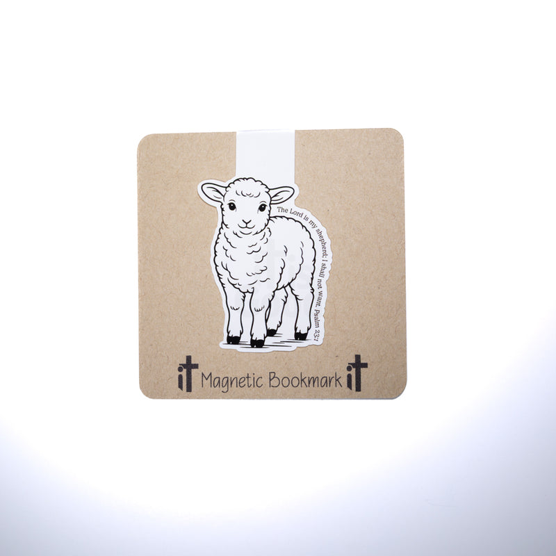 Double sided magnetic bookmark featuring a lamb illustration with the verse The Lord is my Shepherd I shall not want from Psalm 23 on a kraft style background, designed for Christian reading and Bible study