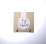Double sided magnetic bookmark featuring the phrase Be still and know in soft watercolor lettering on a kraft style background, designed for Christian reading and Bible study