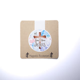 Double sided magnetic bookmark featuring a watercolor cross with the phrase Oh how I love Jesus on a kraft style background, designed for Christian reading and Bible study