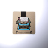 Double sided magnetic bookmark featuring a vintage typewriter with floral accents and a Scripture verse about plans to prosper on a kraft style background, designed for Christian reading and Bible study