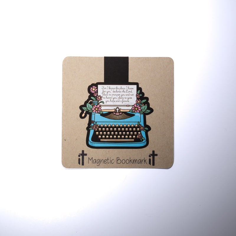 Double sided magnetic bookmark featuring a vintage typewriter with floral accents and a Scripture verse about plans to prosper on a kraft style background, designed for Christian reading and Bible study
