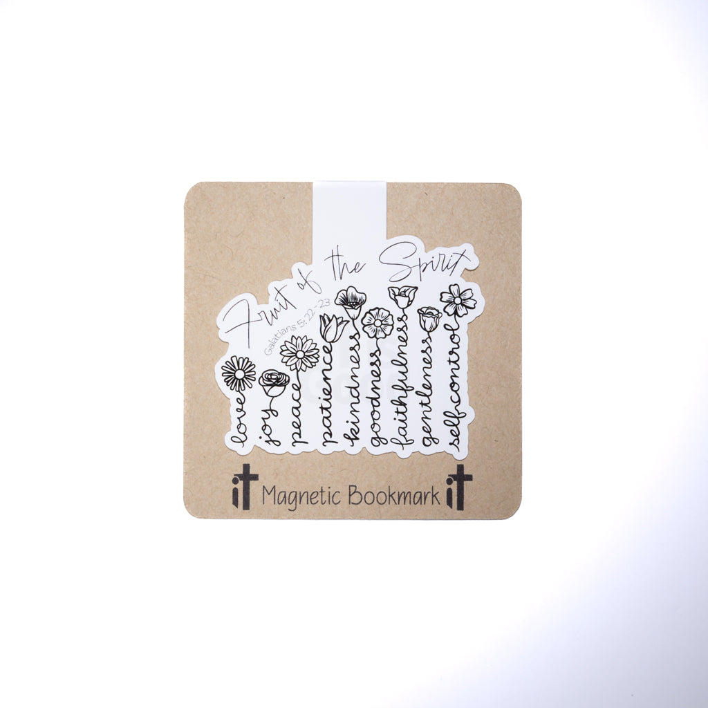 Double sided magnetic bookmark featuring illustrated flowers labeled with the Fruit of the Spirit from Galatians 5 on a kraft style background, designed for Christian reading and Bible study