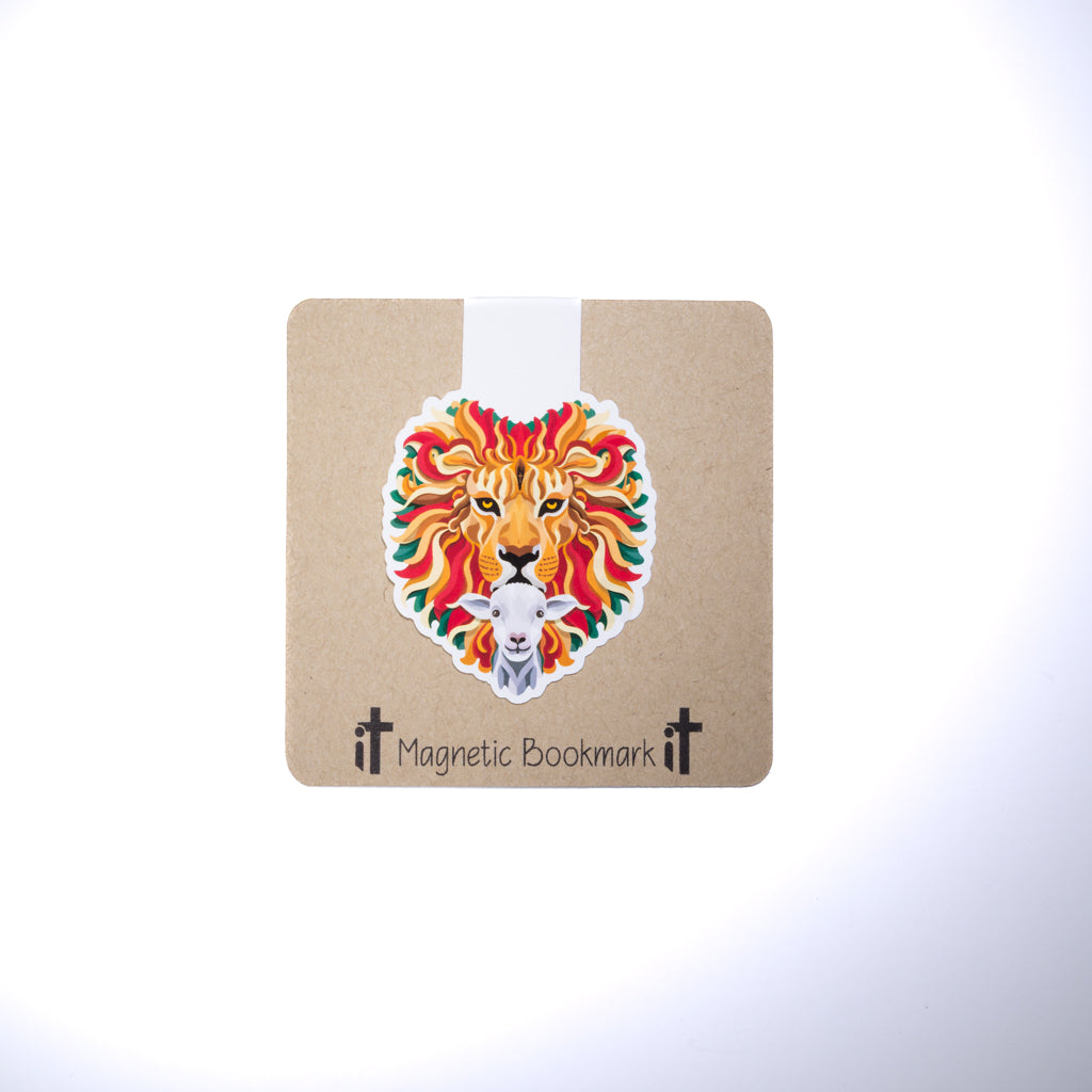 Double sided magnetic bookmark featuring a colorful lion and lamb illustration on a kraft style background, designed for Christian reading and Bible study