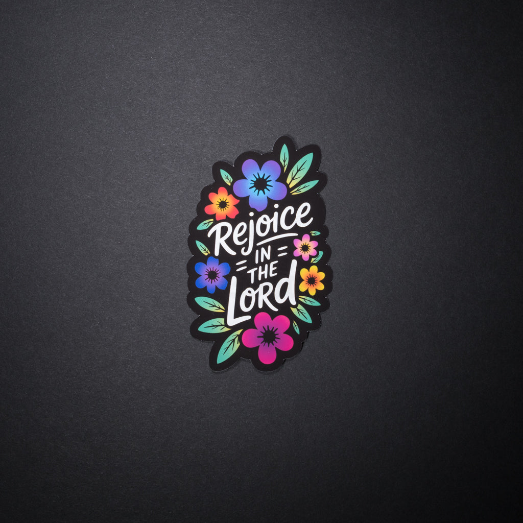 Rejoice in the Lord Christian Sticker black with multi color flowers that include blue, pink, and yellow
