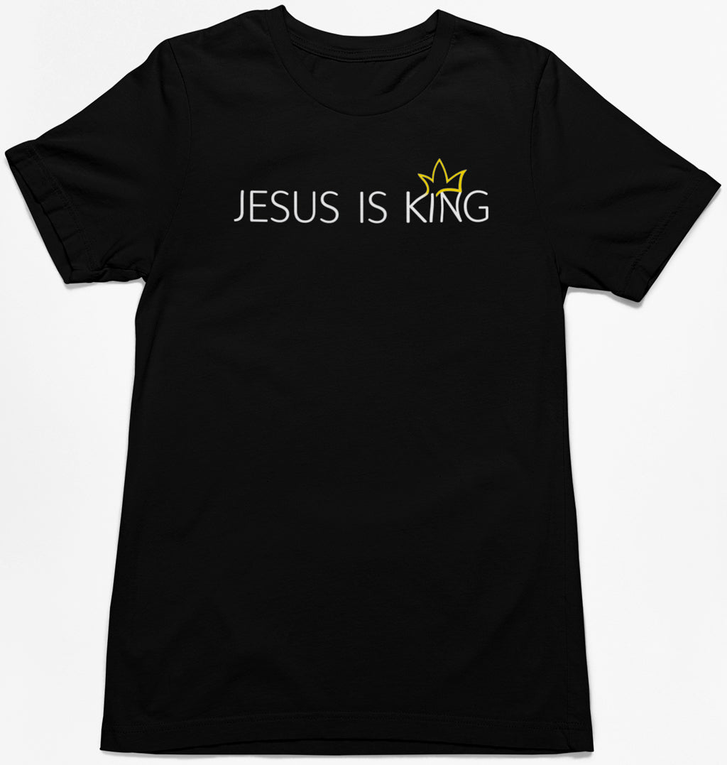 Black christian tee with Jesus Is King text and gold crown design
Minimalist Christian shirt declaring Jesus Is King
Faith themed tshirt with simple crown accent
